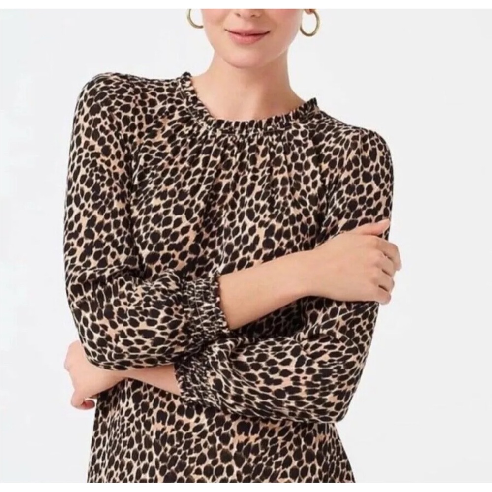 J.Crew Factory Ruffle Neck Peasant Dress Animal Leopard Print Midi Dress Size 6 - Picture 3 of 15